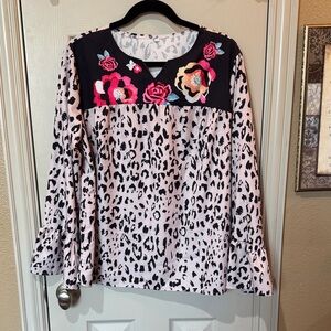 Pink Leopard Print Long-Sleeve Top with Floral Yoke